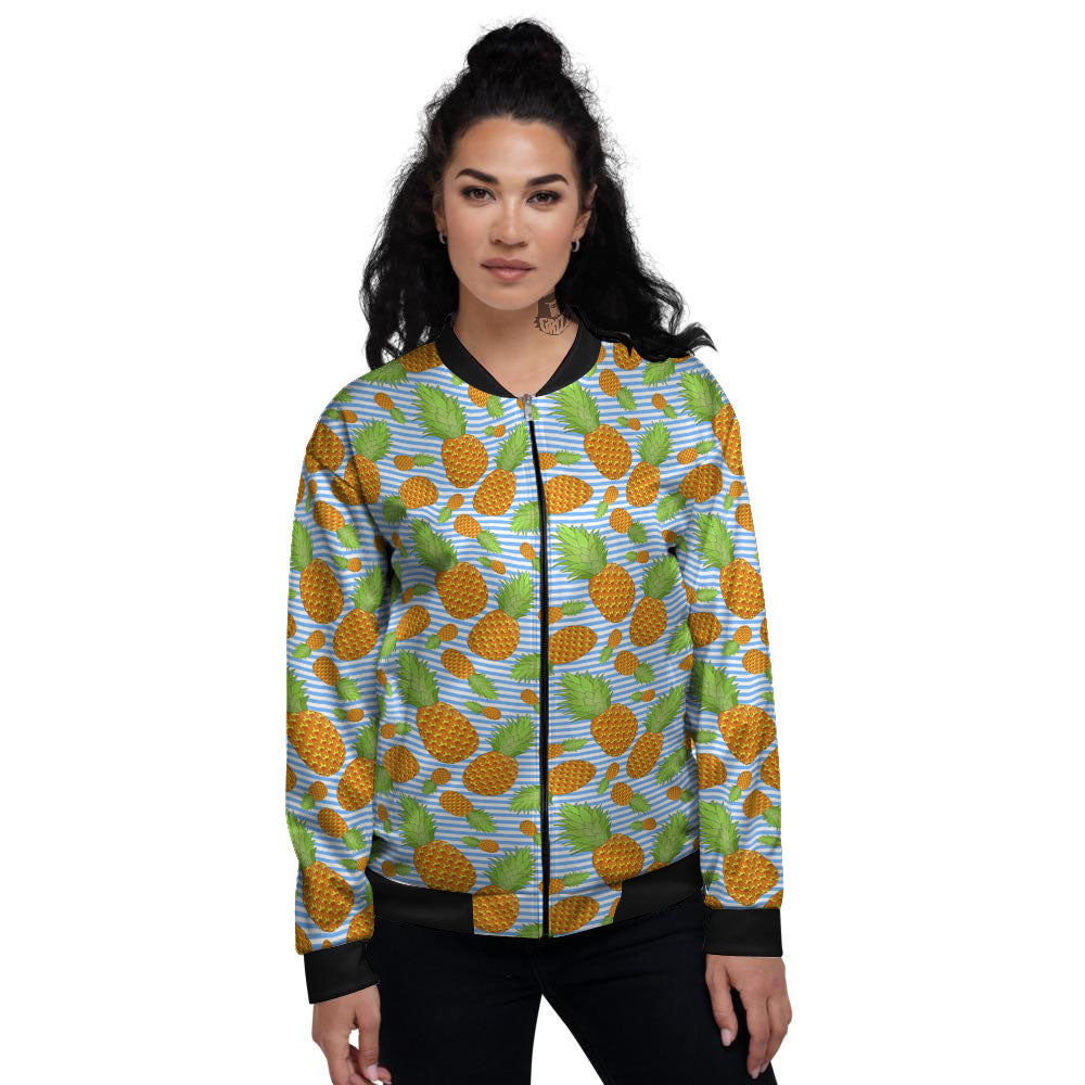 Pineapple Blue Striped Print Pattern Women's Bomber Jacket-grizzshop