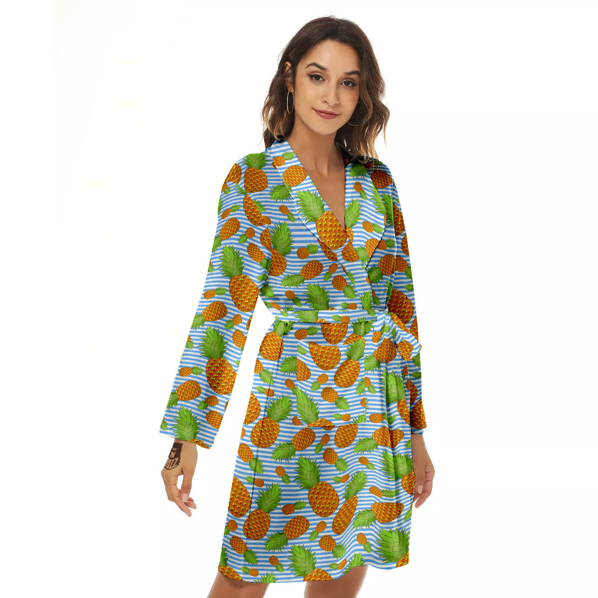 Pineapple Blue Striped Print Pattern Women's Robe-grizzshop
