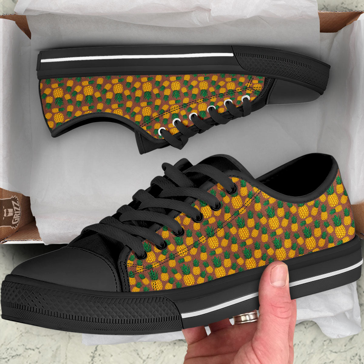 Pineapple Brown Print Pattern Black Low Top Shoes-grizzshop