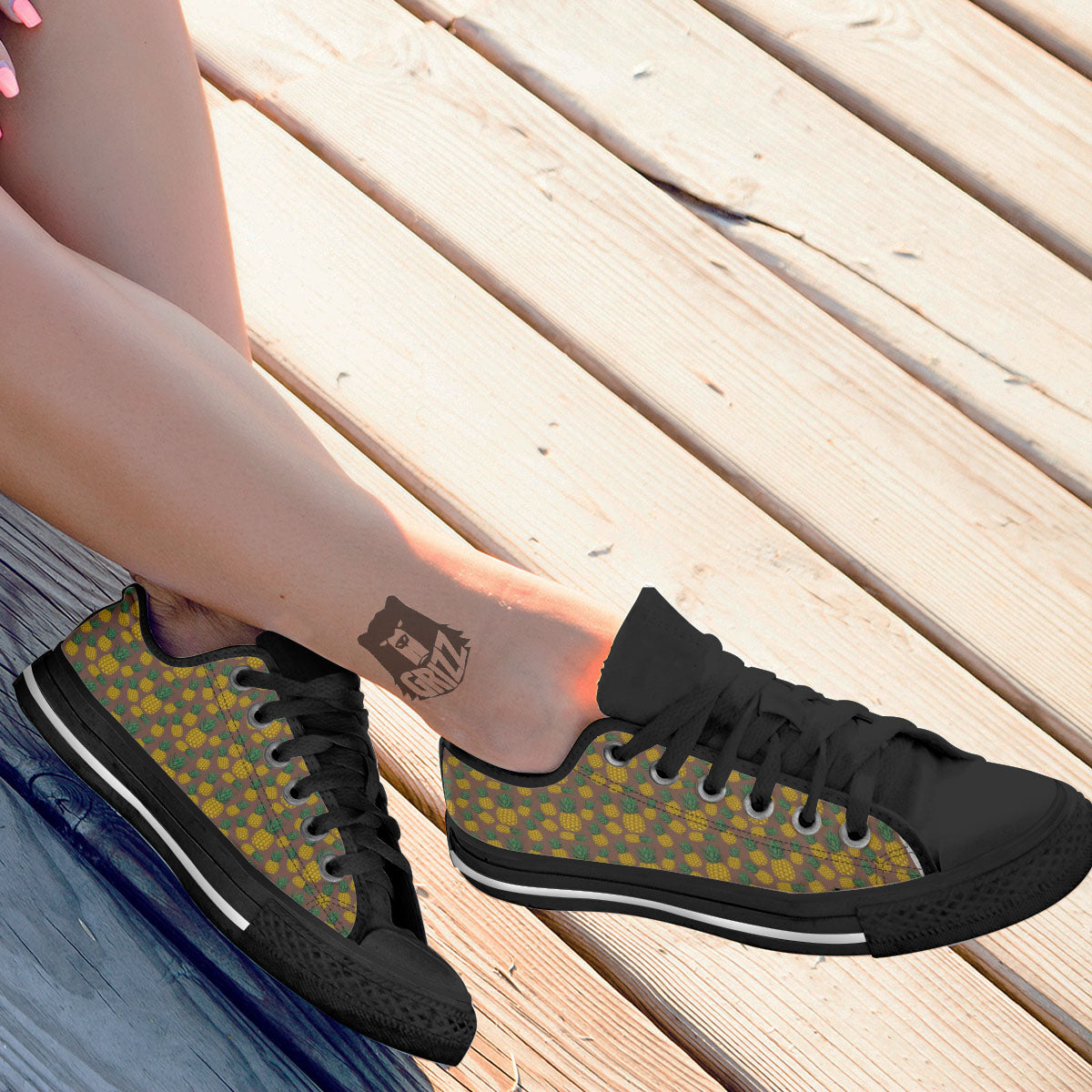 Pineapple Brown Print Pattern Black Low Top Shoes-grizzshop