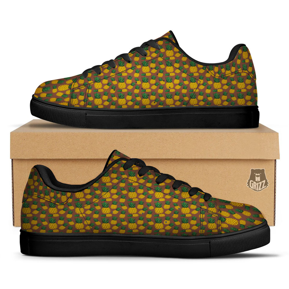 Pineapple Brown Print Pattern Black Low Top Sneakers-grizzshop