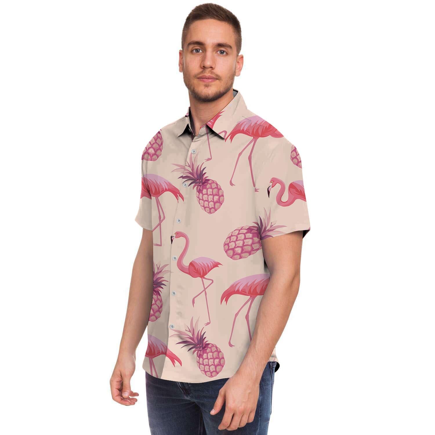 Pineapple Flamingo Print Men's Short Sleeve Shirt-grizzshop