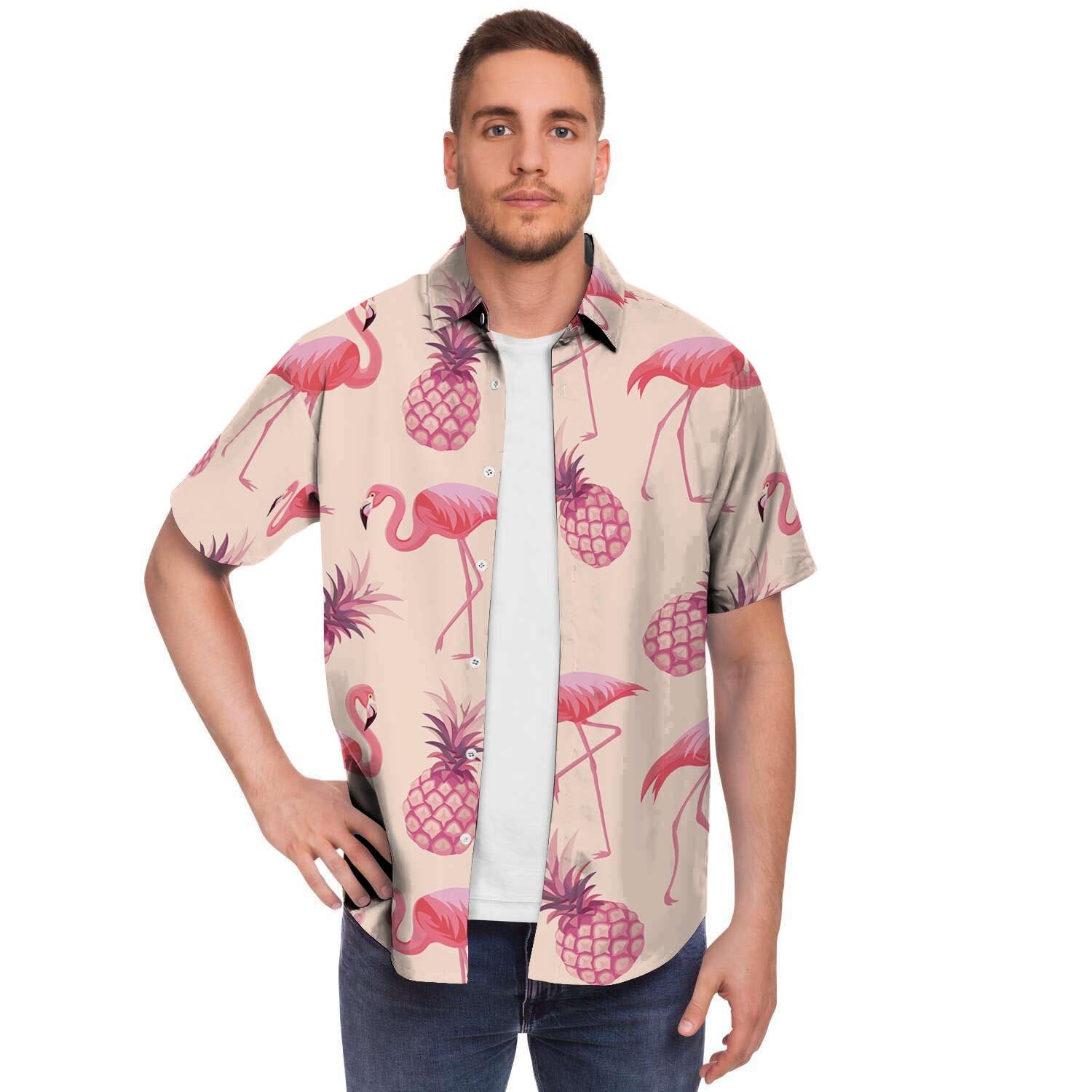 Pineapple Flamingo Print Men's Short Sleeve Shirt-grizzshop