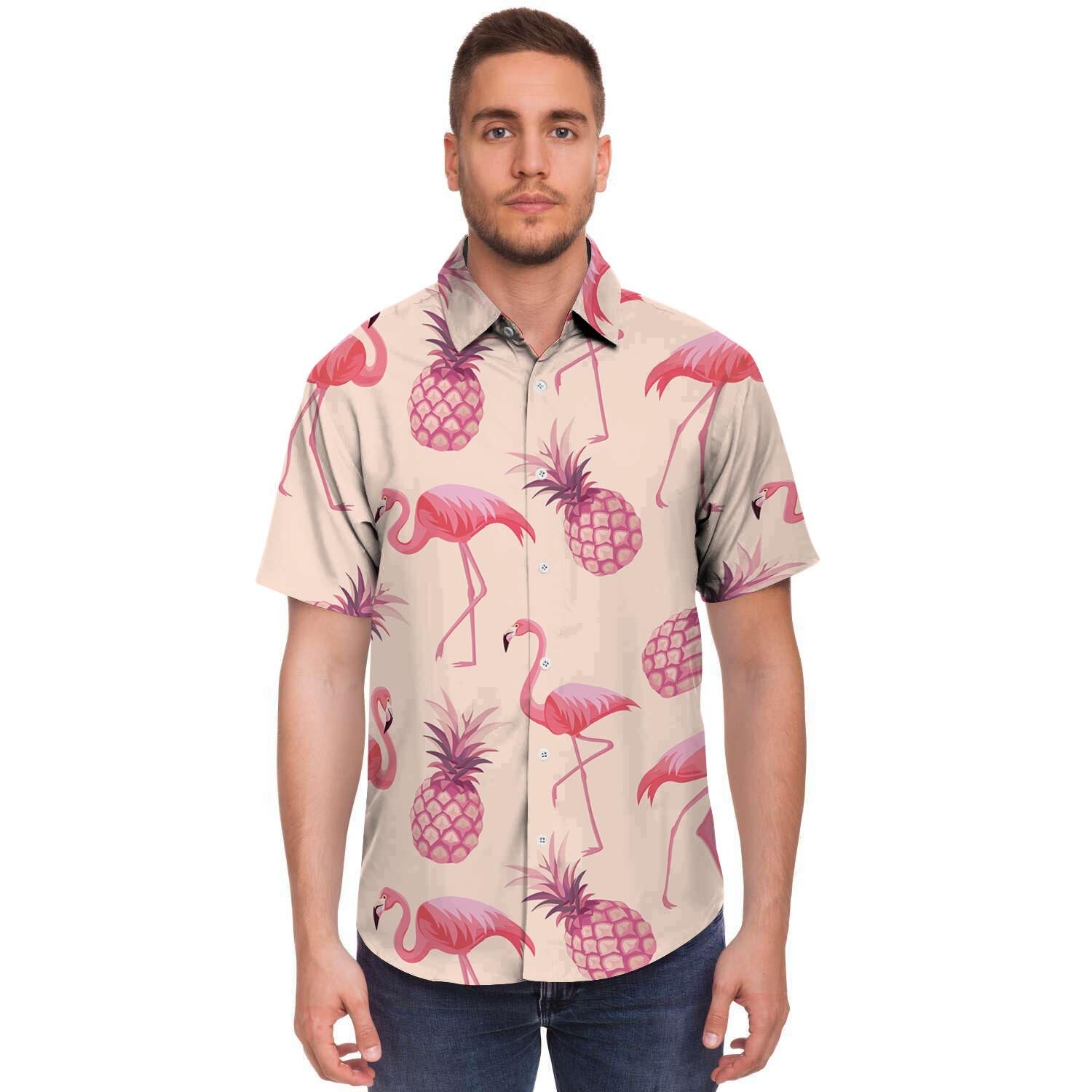 Pineapple Flamingo Print Men's Short Sleeve Shirt-grizzshop