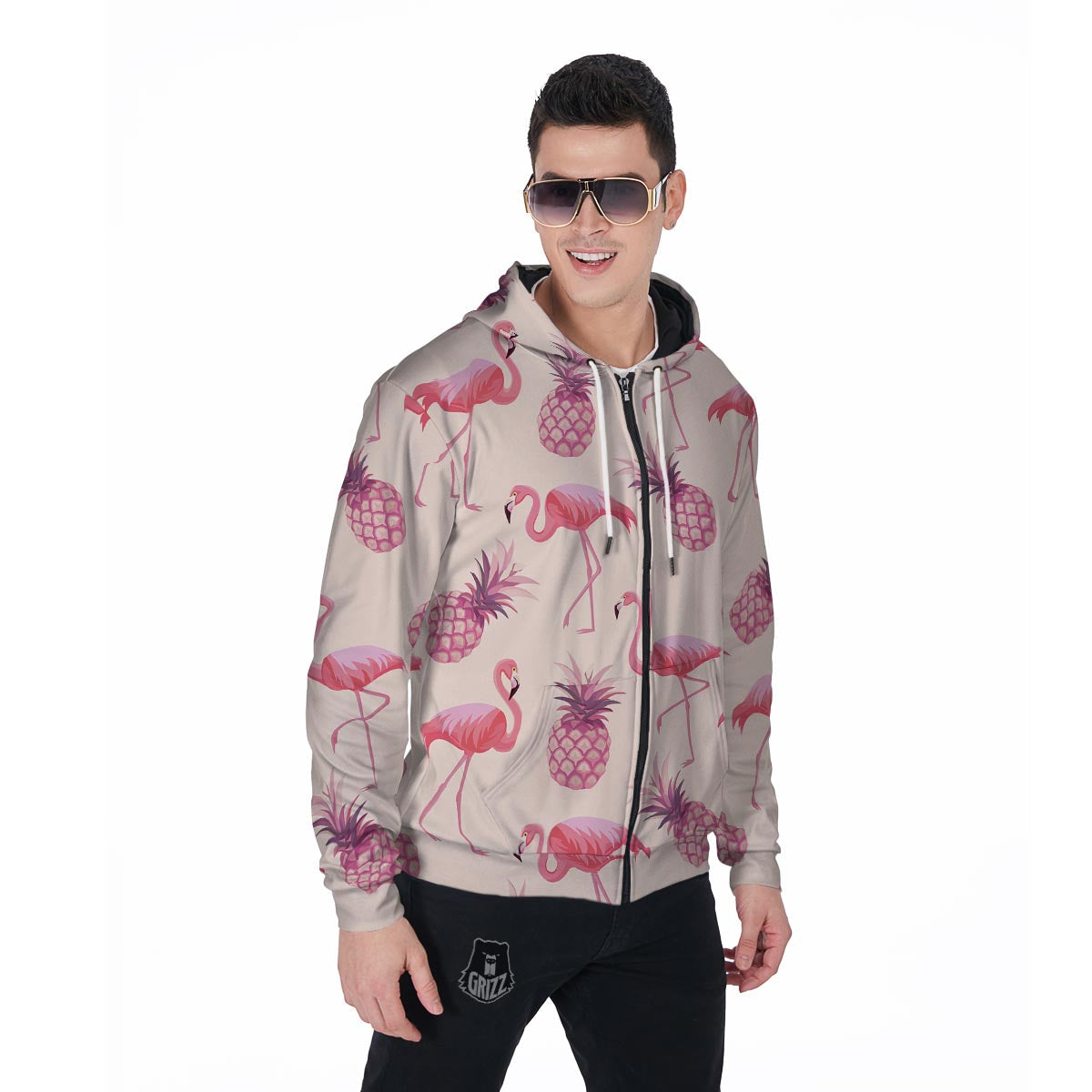 Pineapple Flamingo Print Men's Zip Up Hoodie-grizzshop