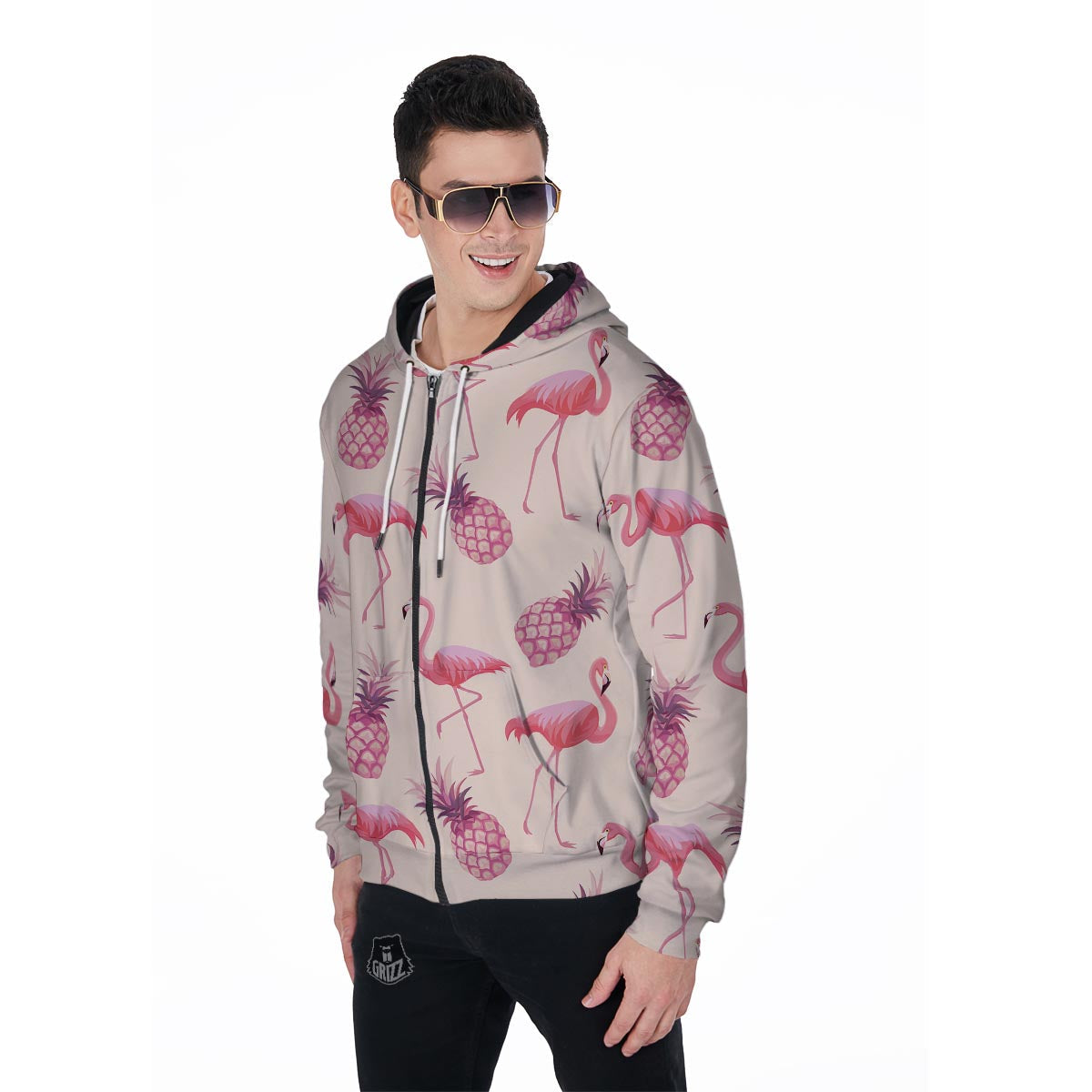 Pineapple Flamingo Print Men's Zip Up Hoodie-grizzshop