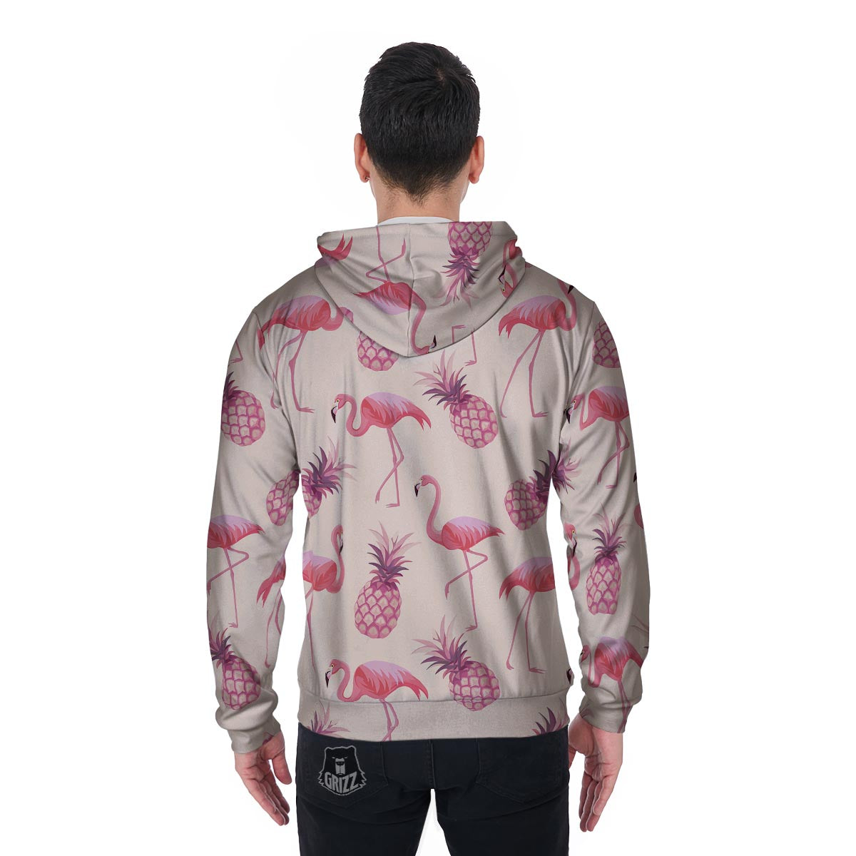 Pineapple Flamingo Print Men's Zip Up Hoodie-grizzshop