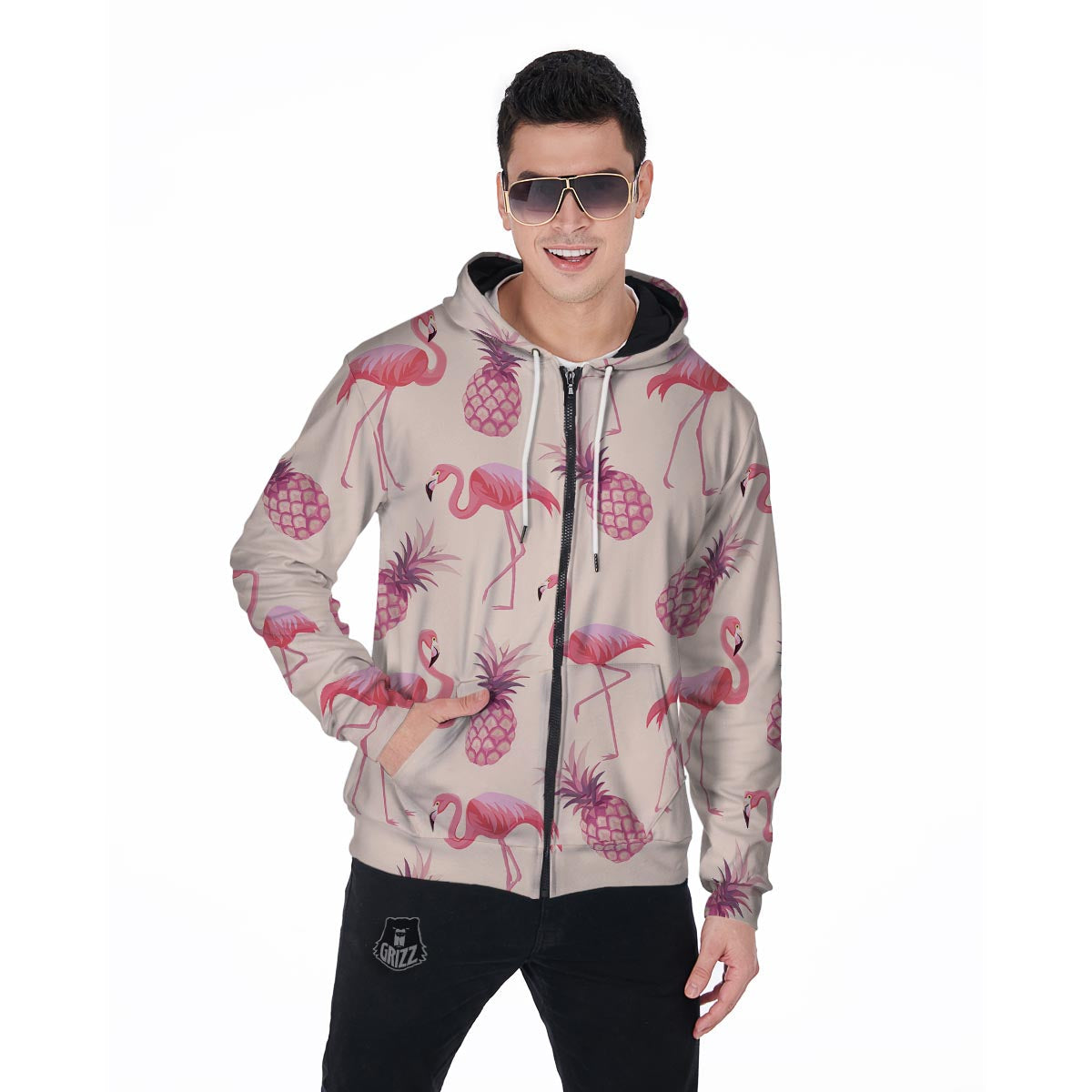 Pineapple Flamingo Print Men's Zip Up Hoodie-grizzshop