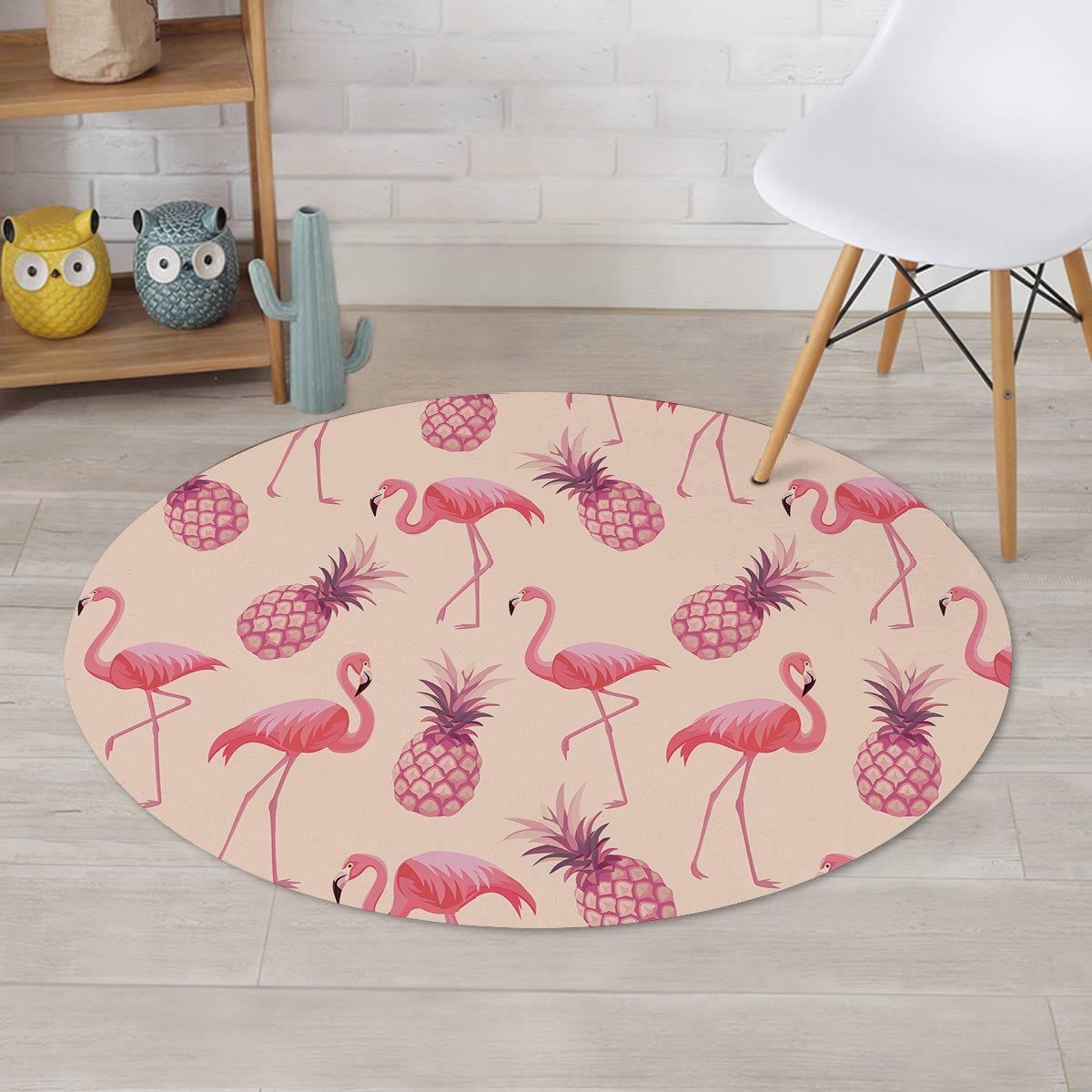 Pineapple Flamingo Print Round Rug-grizzshop