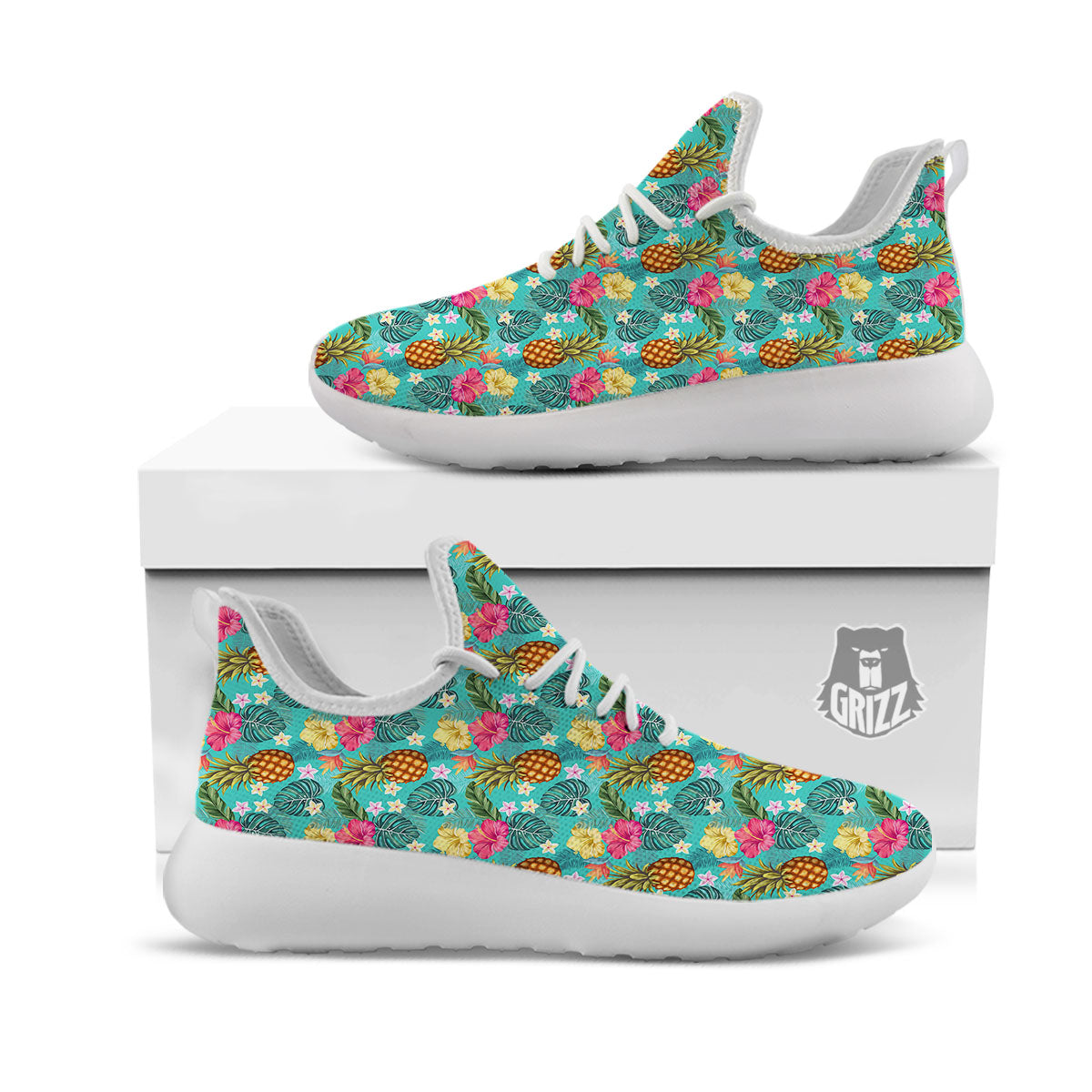 Pineapple Hawaii Hibiscus Print Pattern White Athletic Shoes-grizzshop