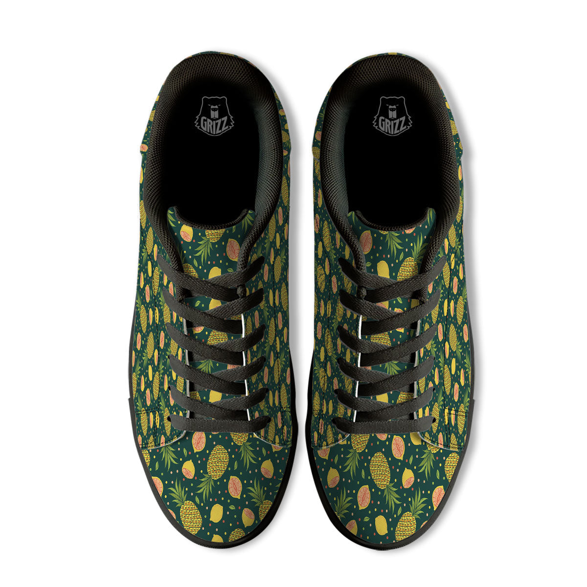 Pineapple Hawaiian Lime Print Pattern Black Low Top Sneakers-grizzshop