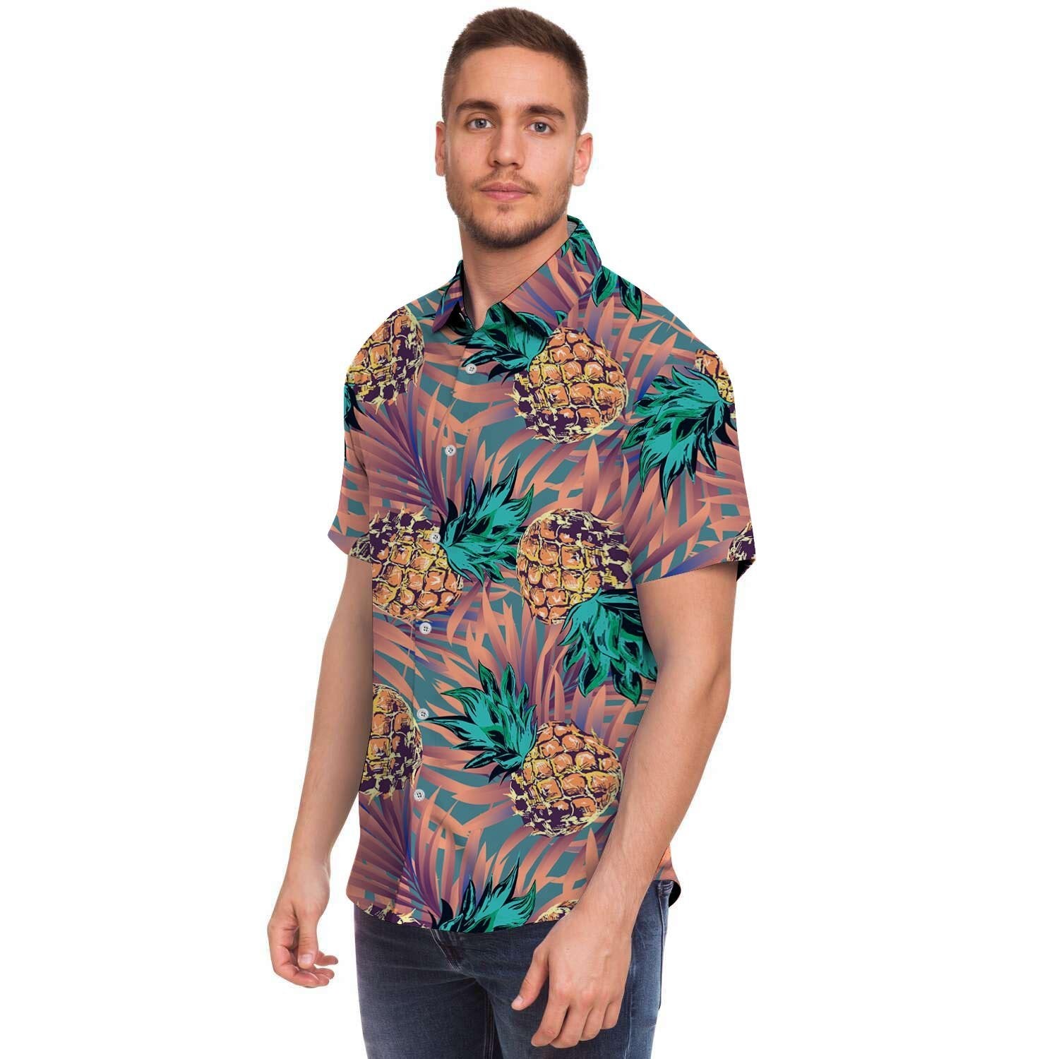 Pineapple Hawaiian Print Men's Short Sleeve Shirt-grizzshop