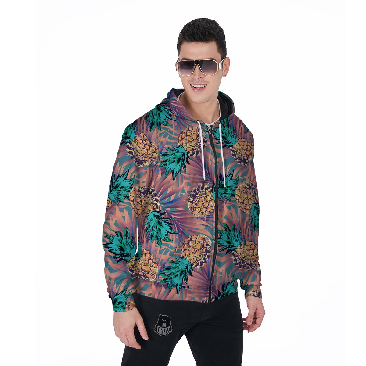 Pineapple Hawaiian Print Men's Zip Up Hoodie-grizzshop
