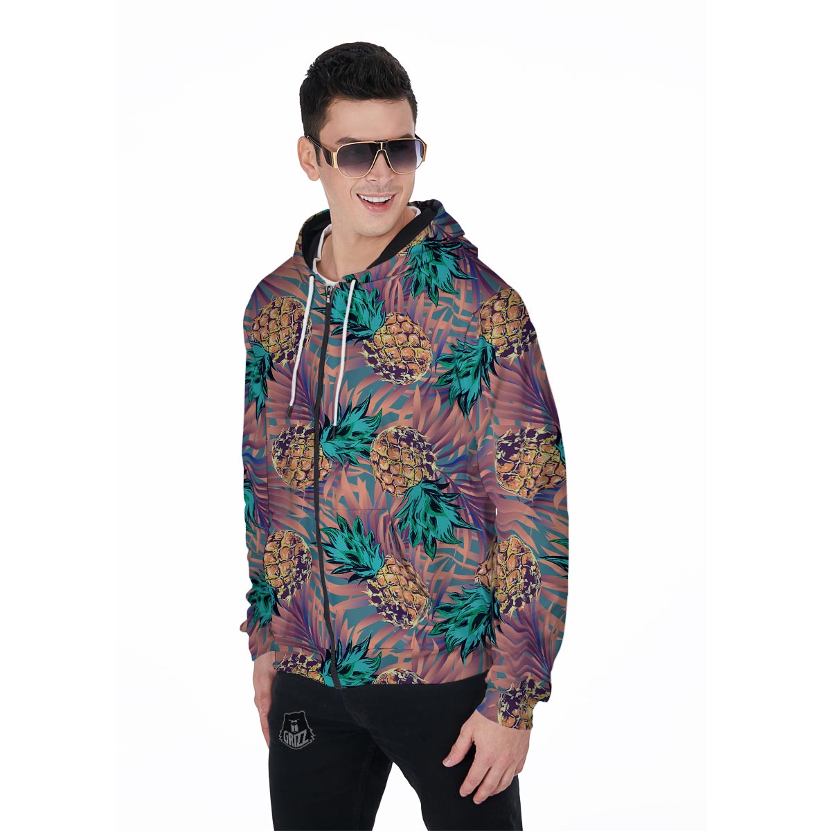 Pineapple Hawaiian Print Men's Zip Up Hoodie-grizzshop