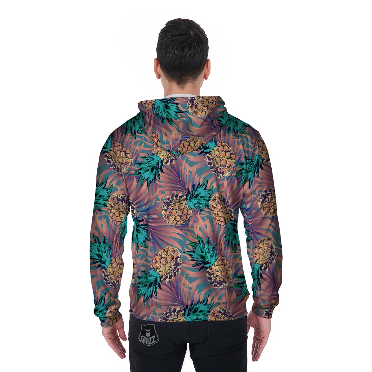 Pineapple Hawaiian Print Men's Zip Up Hoodie-grizzshop