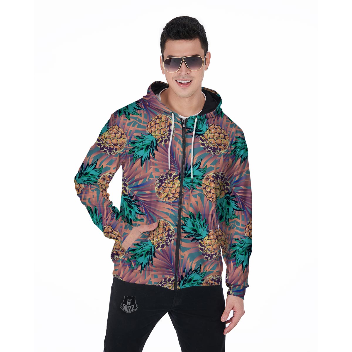 Pineapple Hawaiian Print Men's Zip Up Hoodie-grizzshop