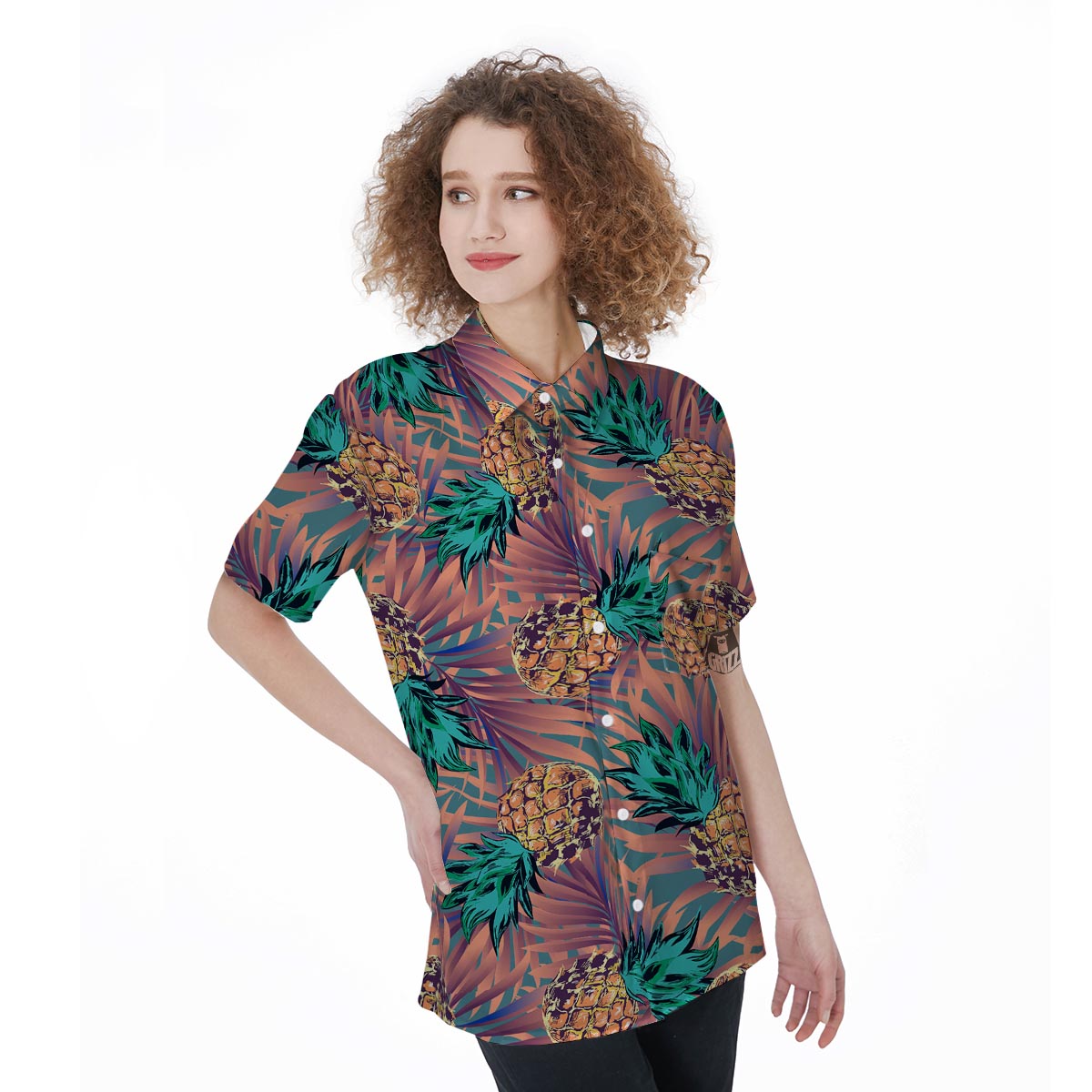 Pineapple Hawaiian Print Women's Short Sleeve Shirts-grizzshop