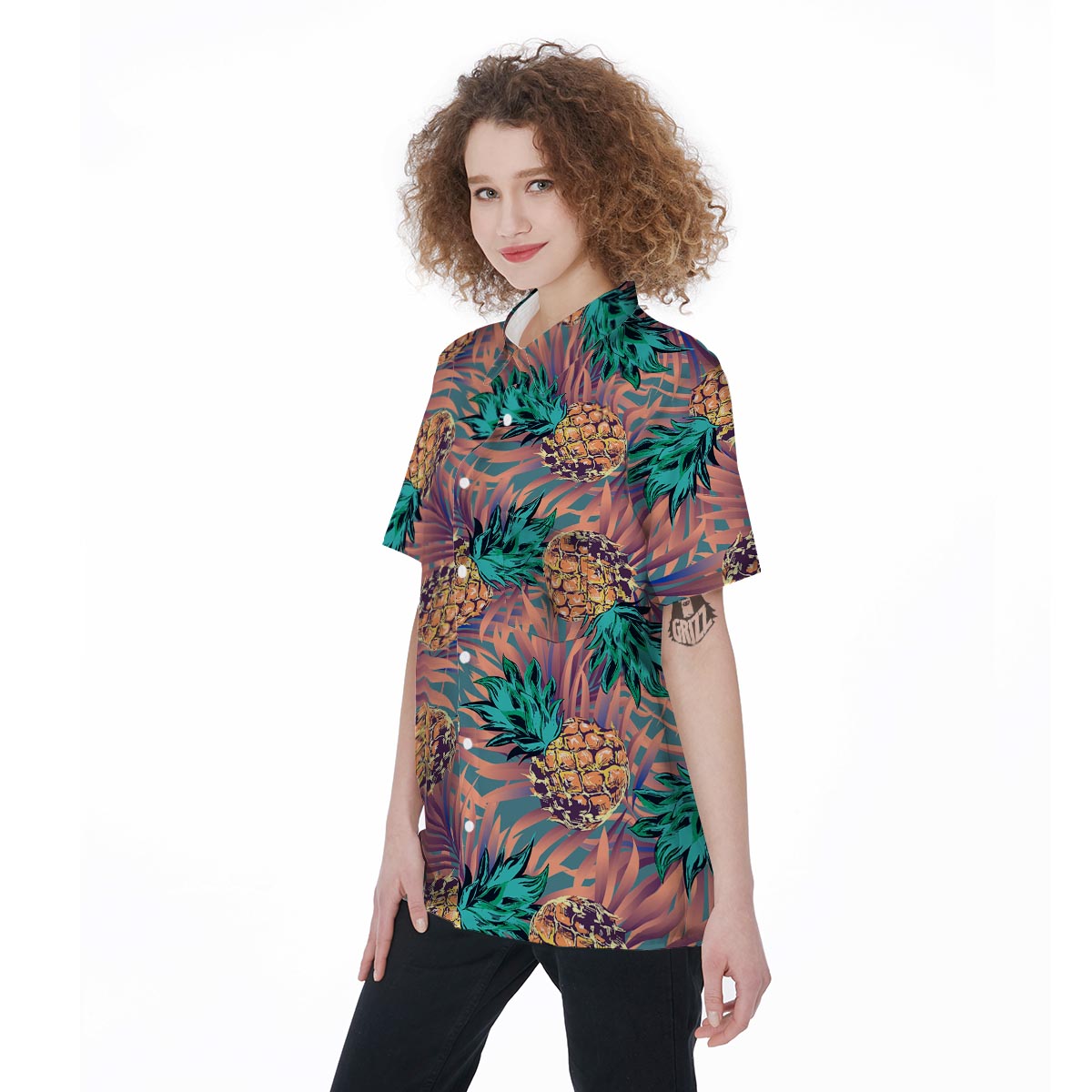 Pineapple Hawaiian Print Women's Short Sleeve Shirts-grizzshop