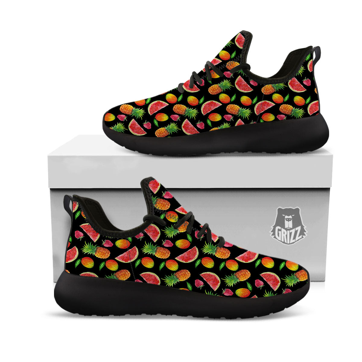 Pineapple Mix Fruit Print Pattern Black Athletic Shoes-grizzshop