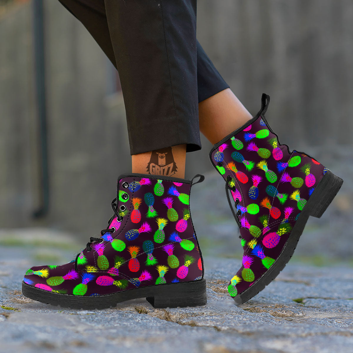 Pineapple Neon Trippy Print Pattern Leather Boots-grizzshop