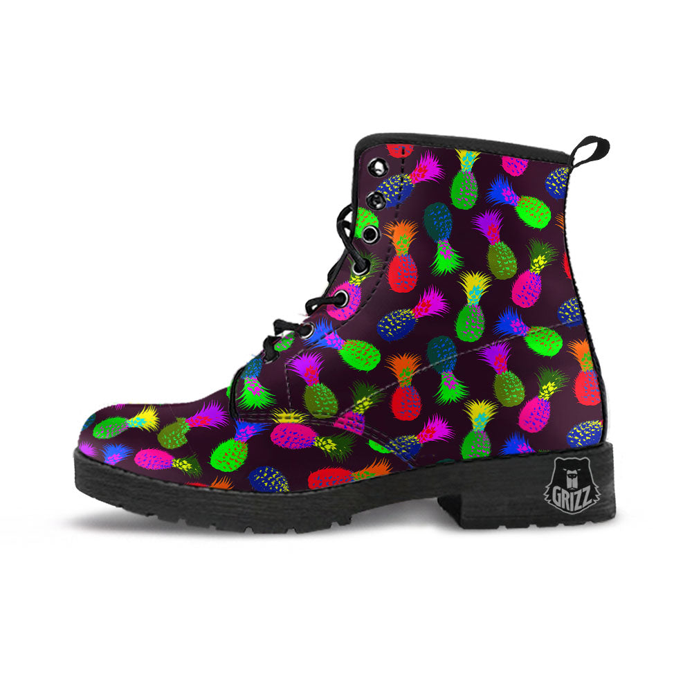 Pineapple Neon Trippy Print Pattern Leather Boots-grizzshop