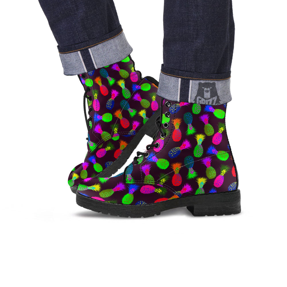 Pineapple Neon Trippy Print Pattern Leather Boots-grizzshop