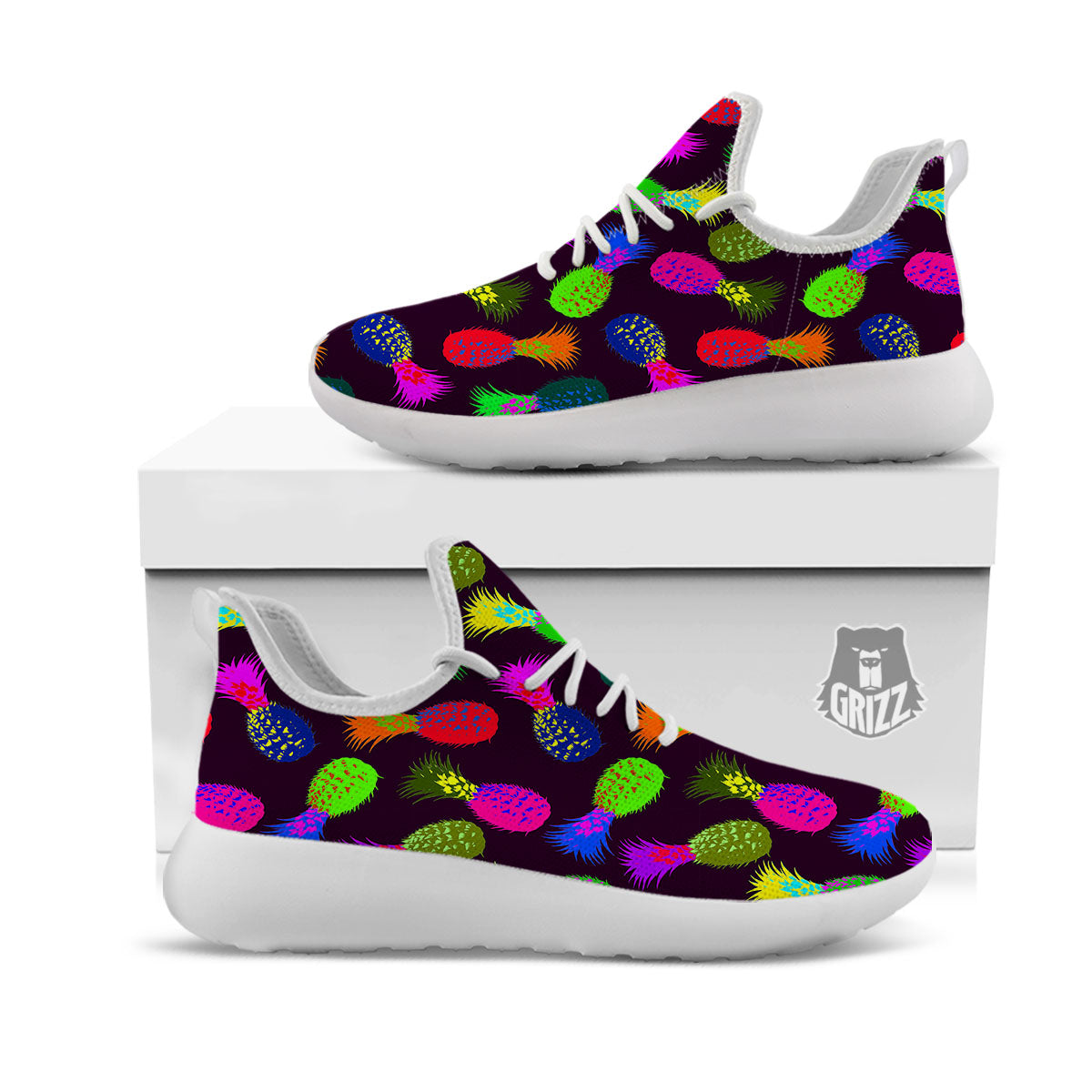 Pineapple Neon Trippy Print Pattern White Athletic Shoes-grizzshop