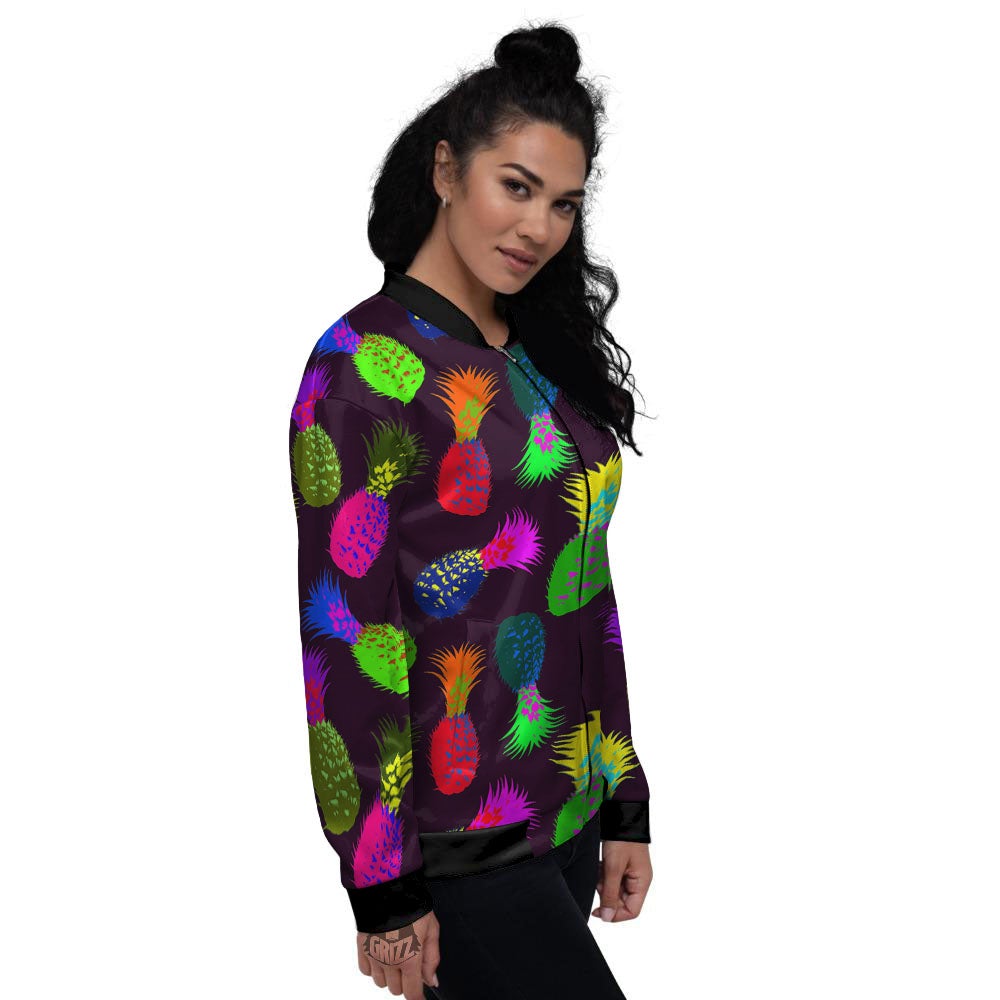 Pineapple Neon Trippy Print Pattern Women's Bomber Jacket-grizzshop