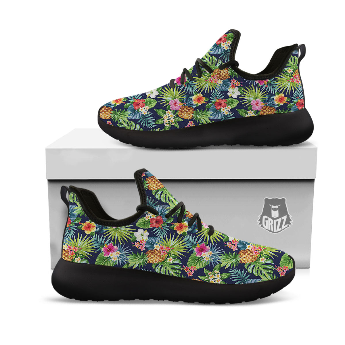 Pineapple Palm Leaf Print Pattern Black Athletic Shoes-grizzshop