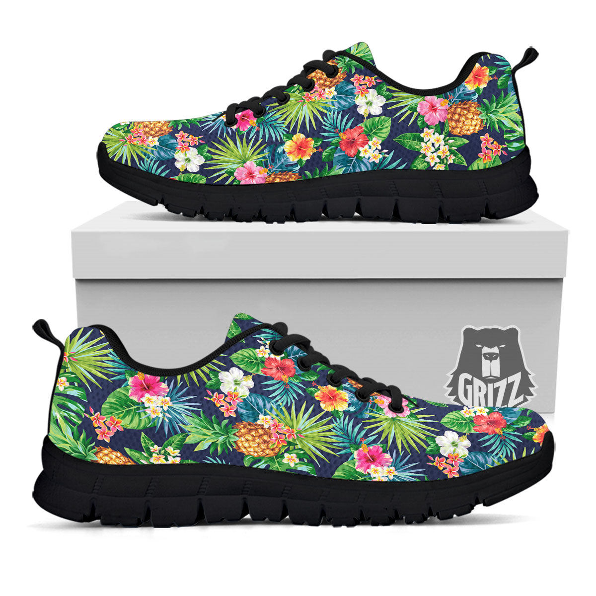 Pineapple Palm Leaf Print Pattern Black Sneaker-grizzshop