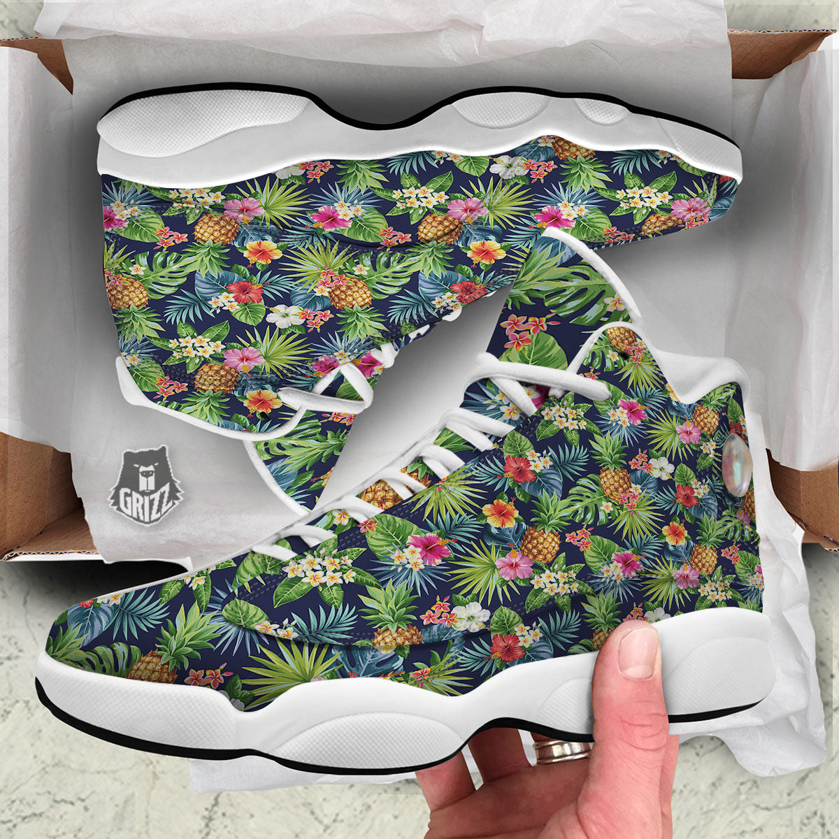 Pineapple Palm Leaf Print Pattern White Basketball Shoes-grizzshop