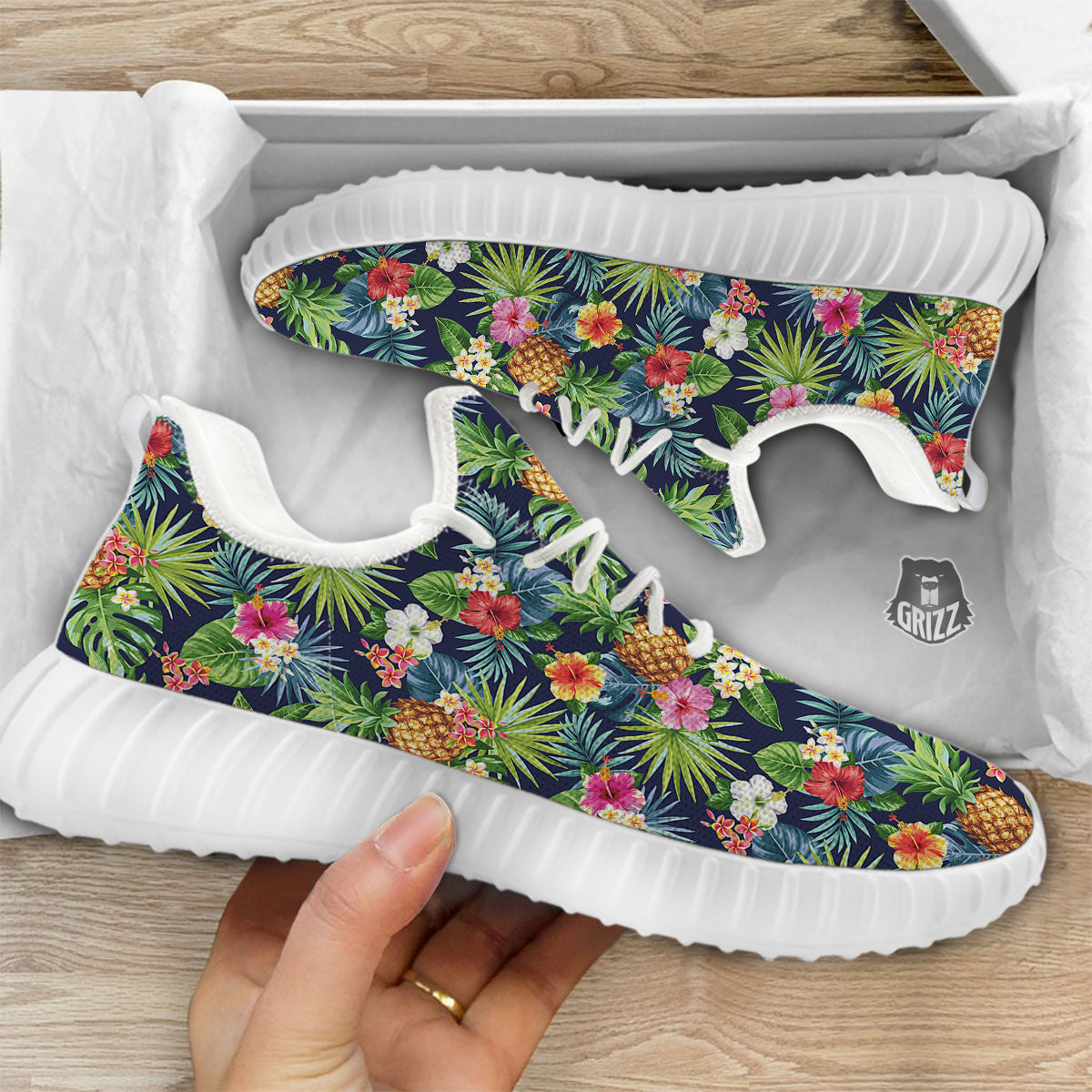 Pineapple Palm Leaf Print Pattern White Walking Shoes-grizzshop
