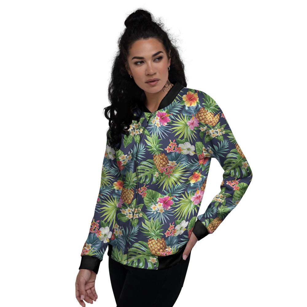 Pineapple Palm Leaf Print Pattern Women's Bomber Jacket-grizzshop