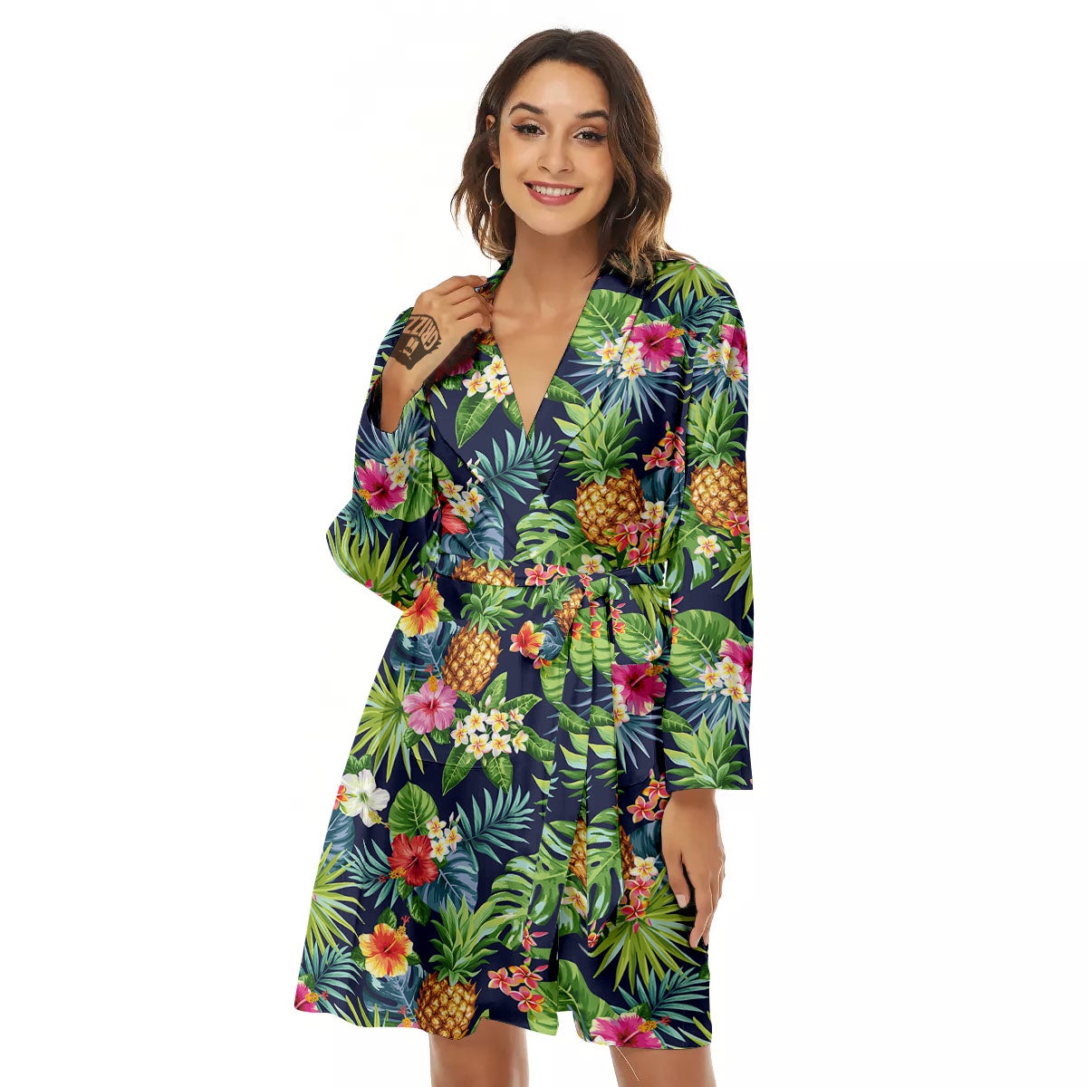 Pineapple Palm Leaf Print Pattern Women's Robe-grizzshop