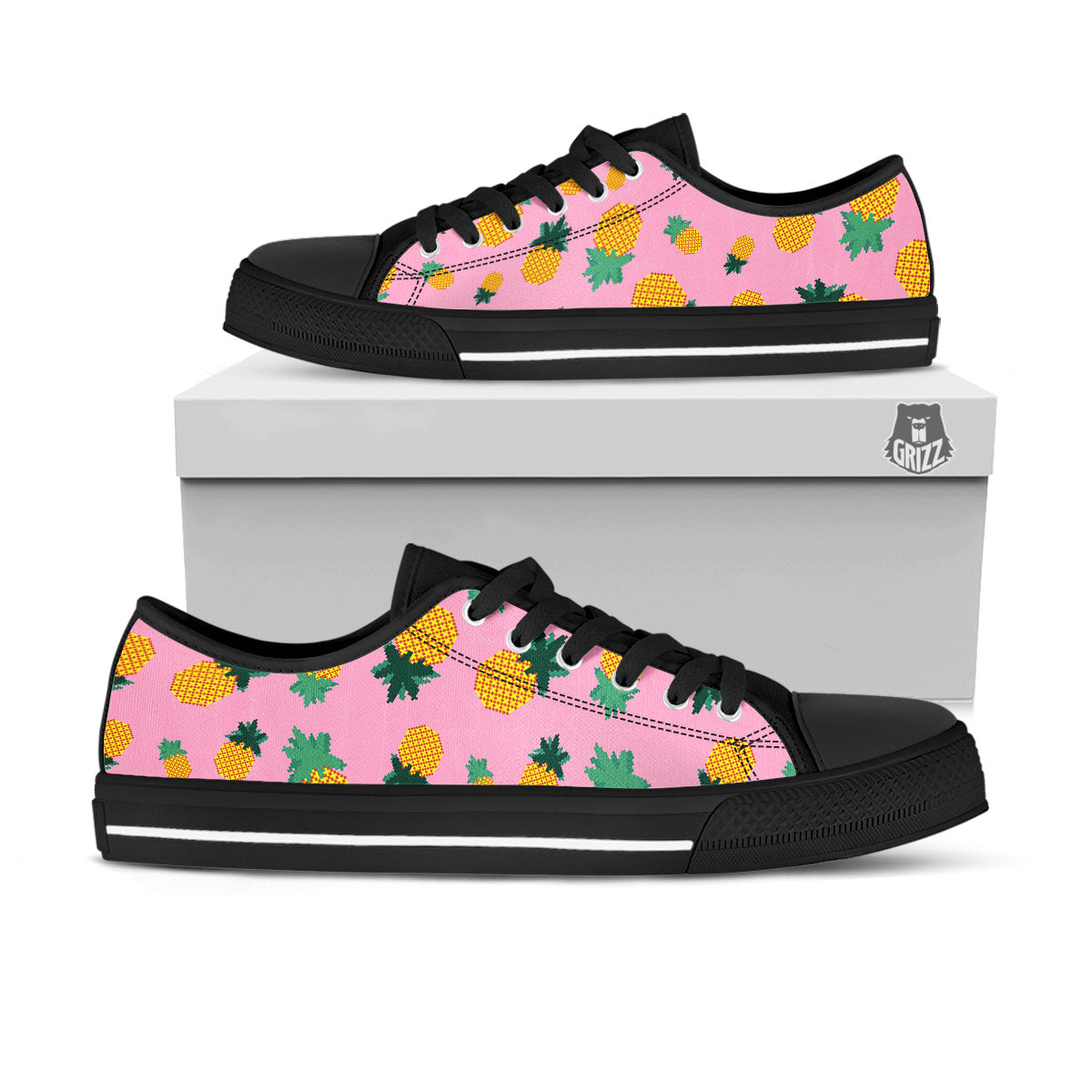Pineapple Pixel Print Pattern Black Low Top Shoes-grizzshop