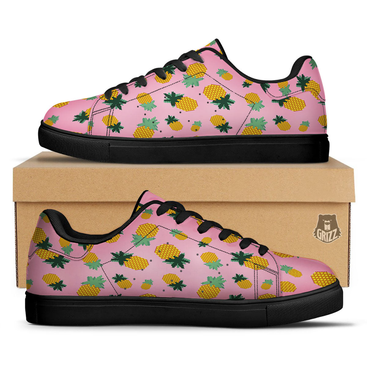 Pineapple Pixel Print Pattern Black Low Top Sneakers-grizzshop