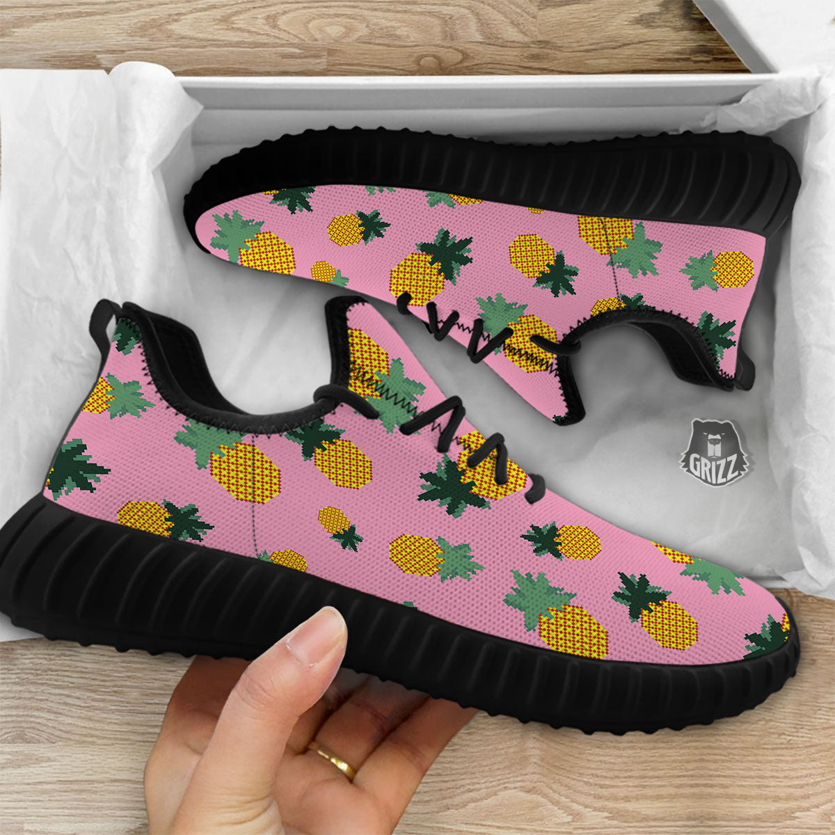 Pineapple Pixel Print Pattern Black Walking Shoes-grizzshop