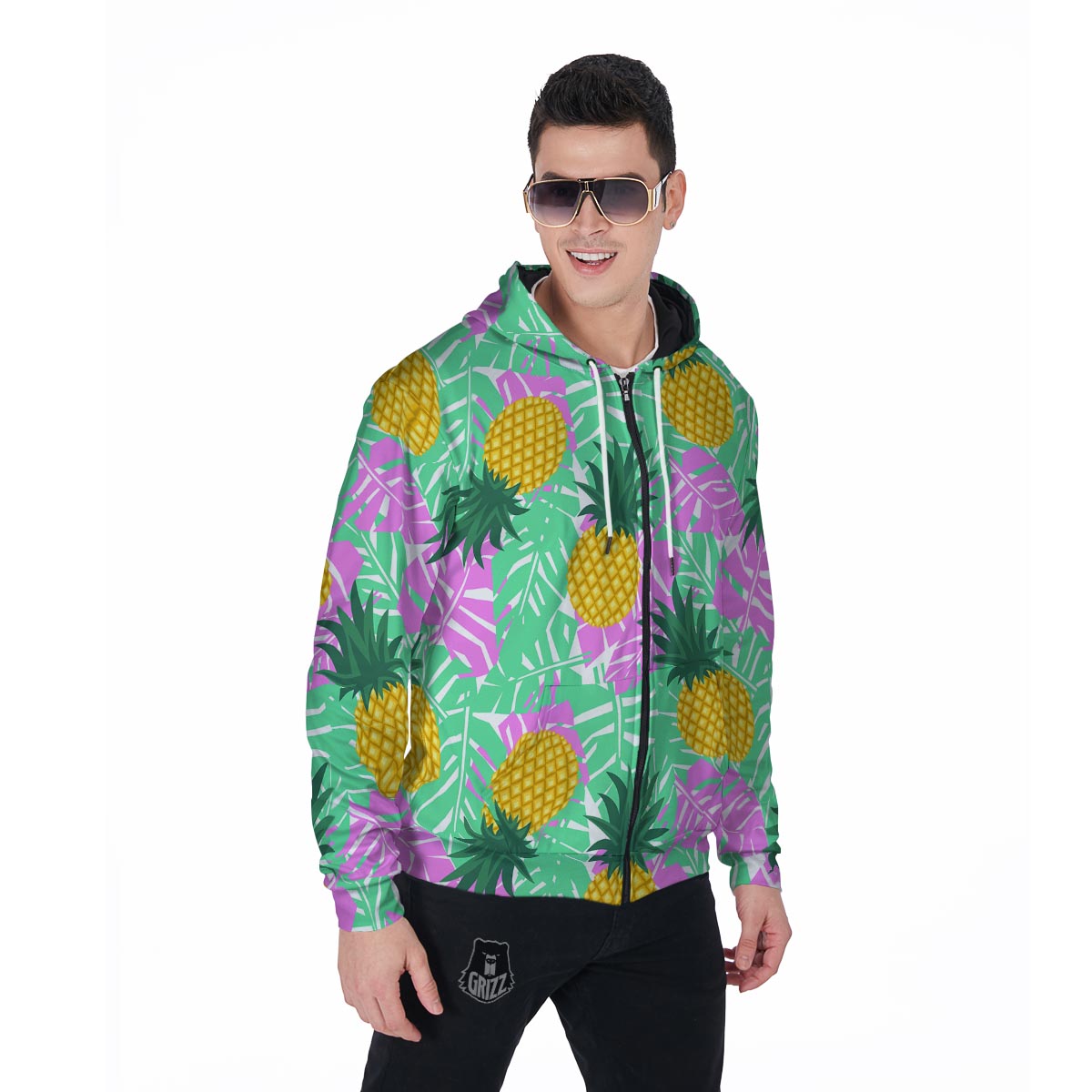 Pineapple Print Men's Zip Up Hoodie-grizzshop
