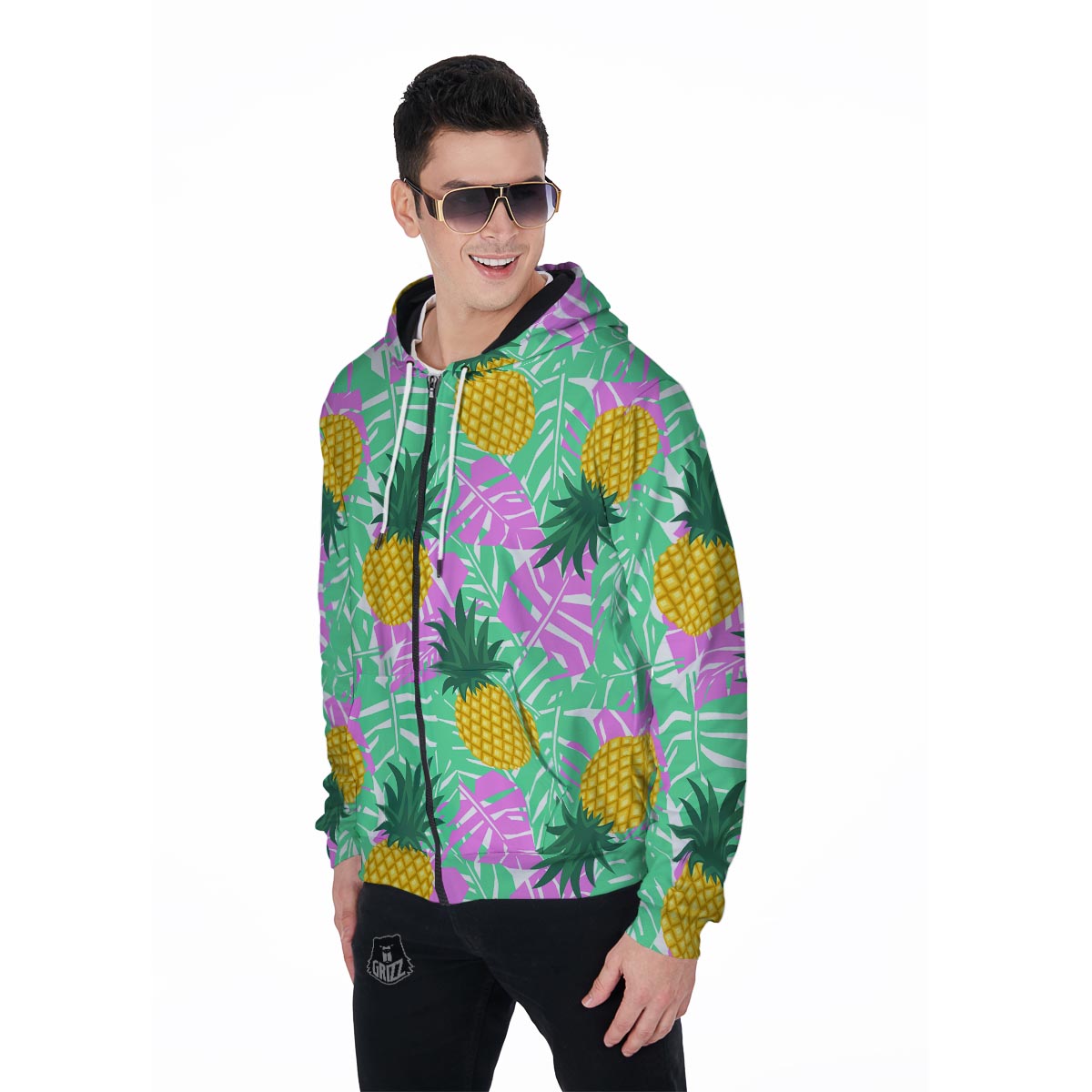 Pineapple Print Men's Zip Up Hoodie-grizzshop