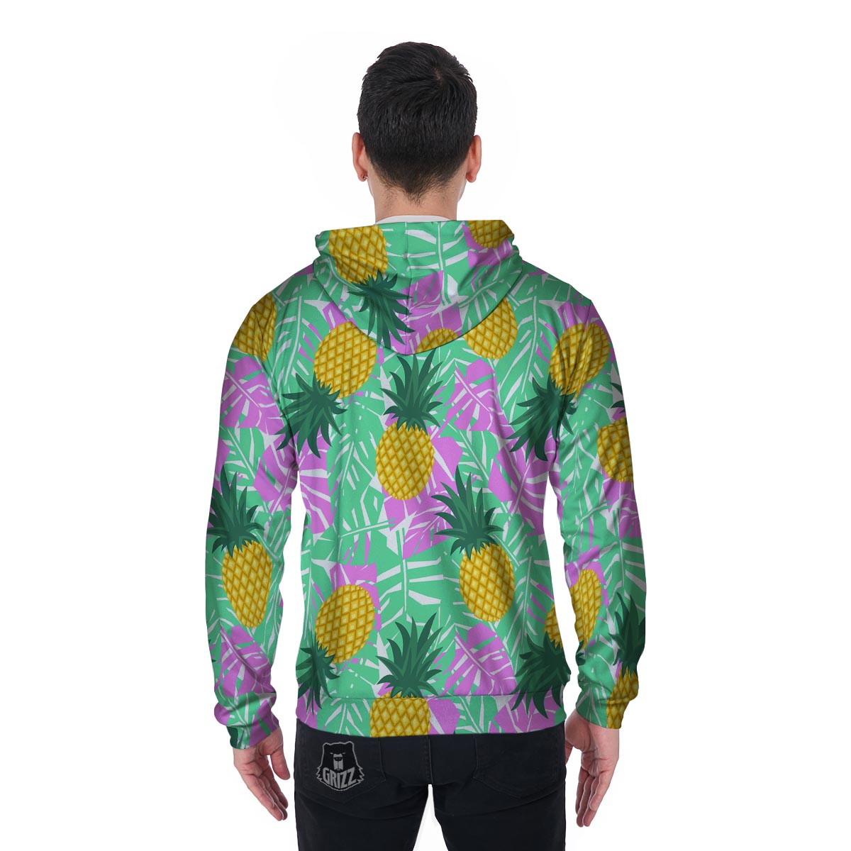 Pineapple Print Men's Zip Up Hoodie-grizzshop