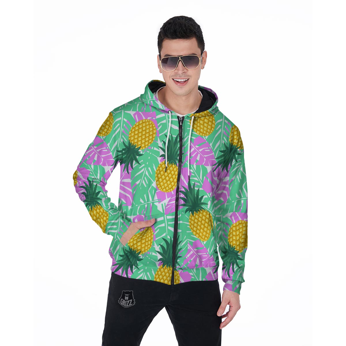 Pineapple Print Men's Zip Up Hoodie-grizzshop
