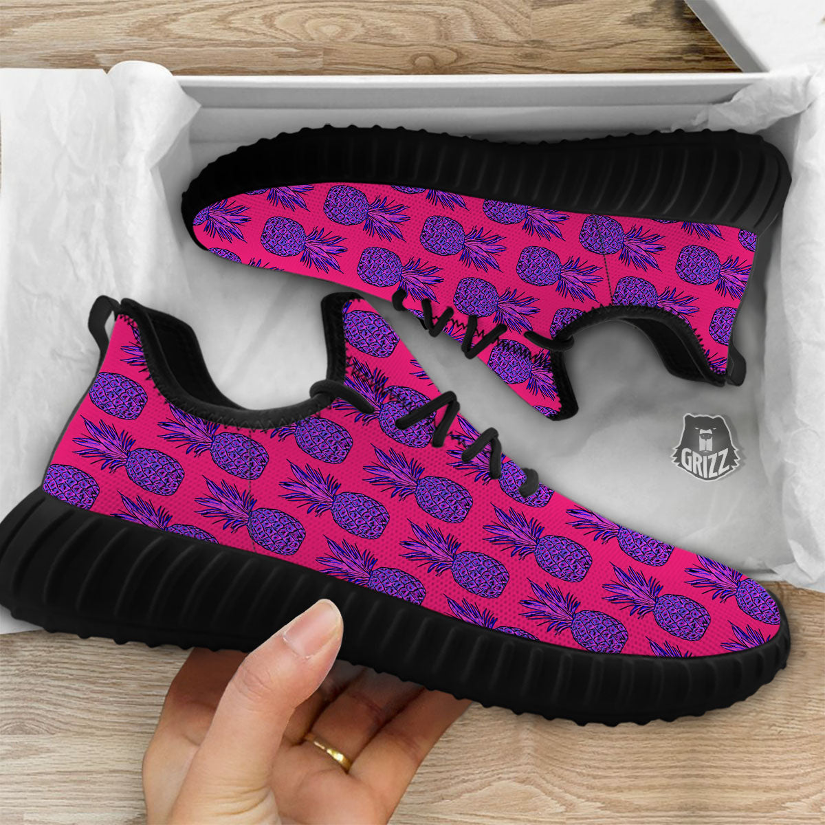 Pineapple Purple Print Pattern Black Walking Shoes-grizzshop