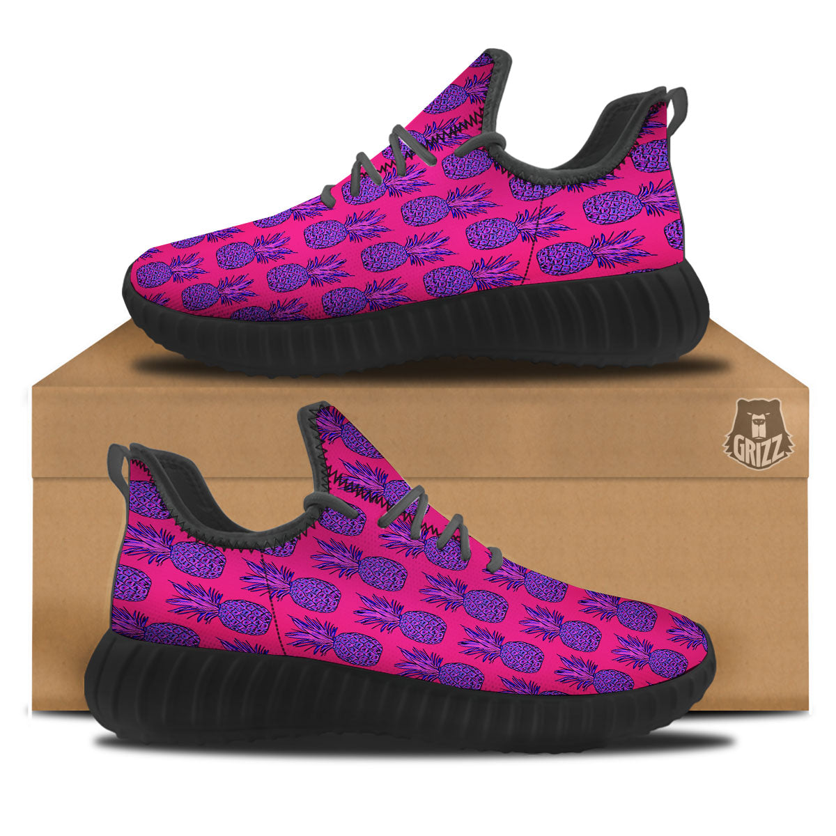 Pineapple Purple Print Pattern Black Walking Shoes-grizzshop