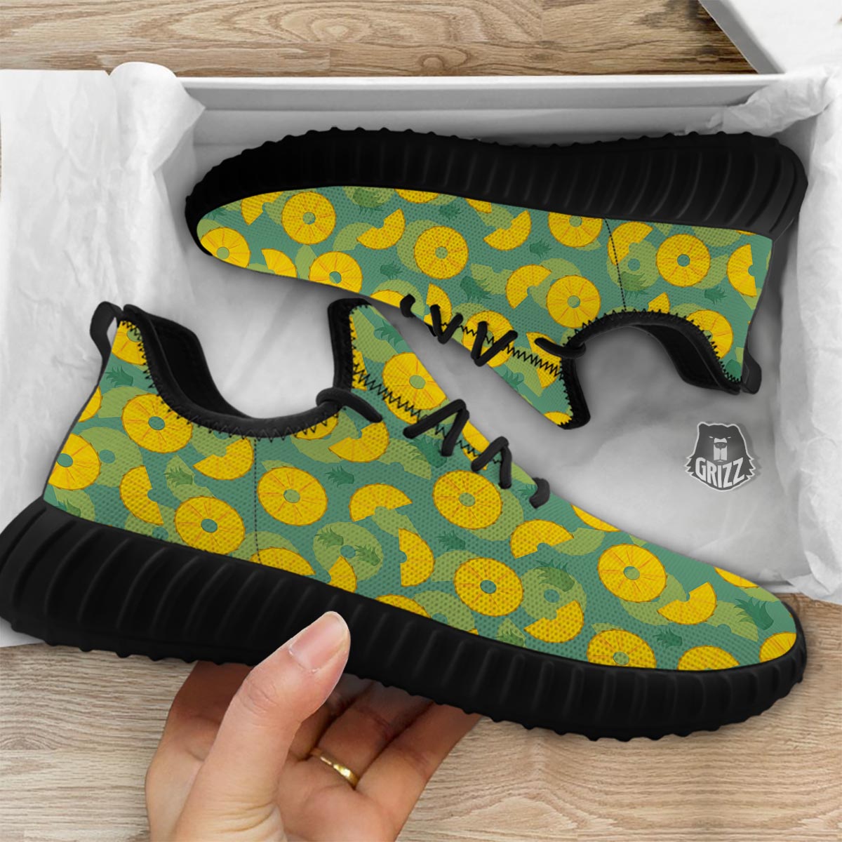 Pineapple Sliced Print Pattern Black Walking Shoes-grizzshop
