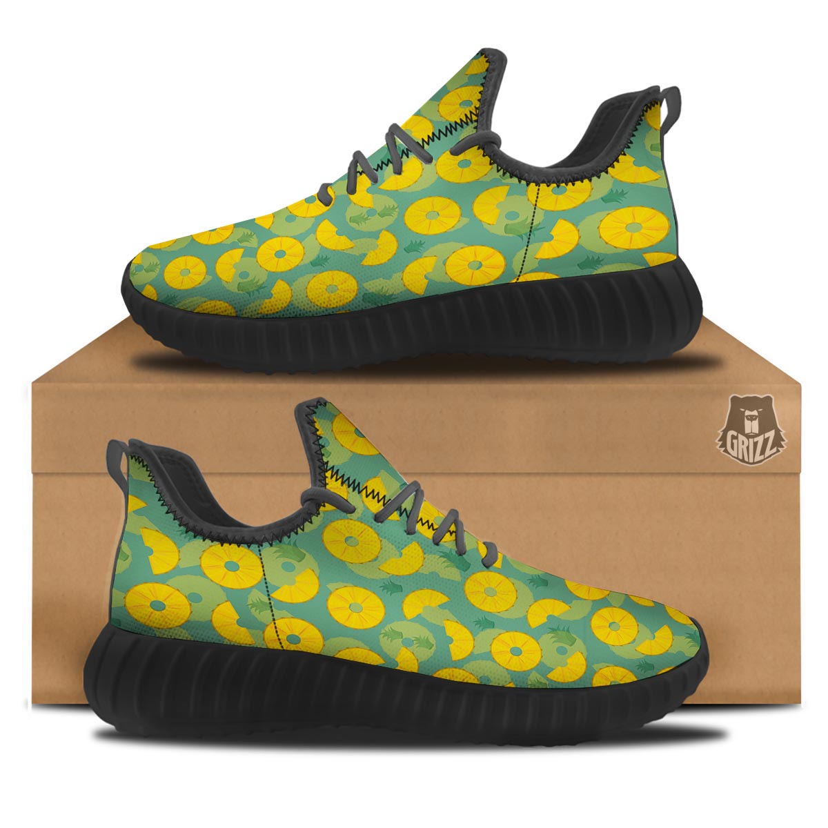 Pineapple Sliced Print Pattern Black Walking Shoes-grizzshop