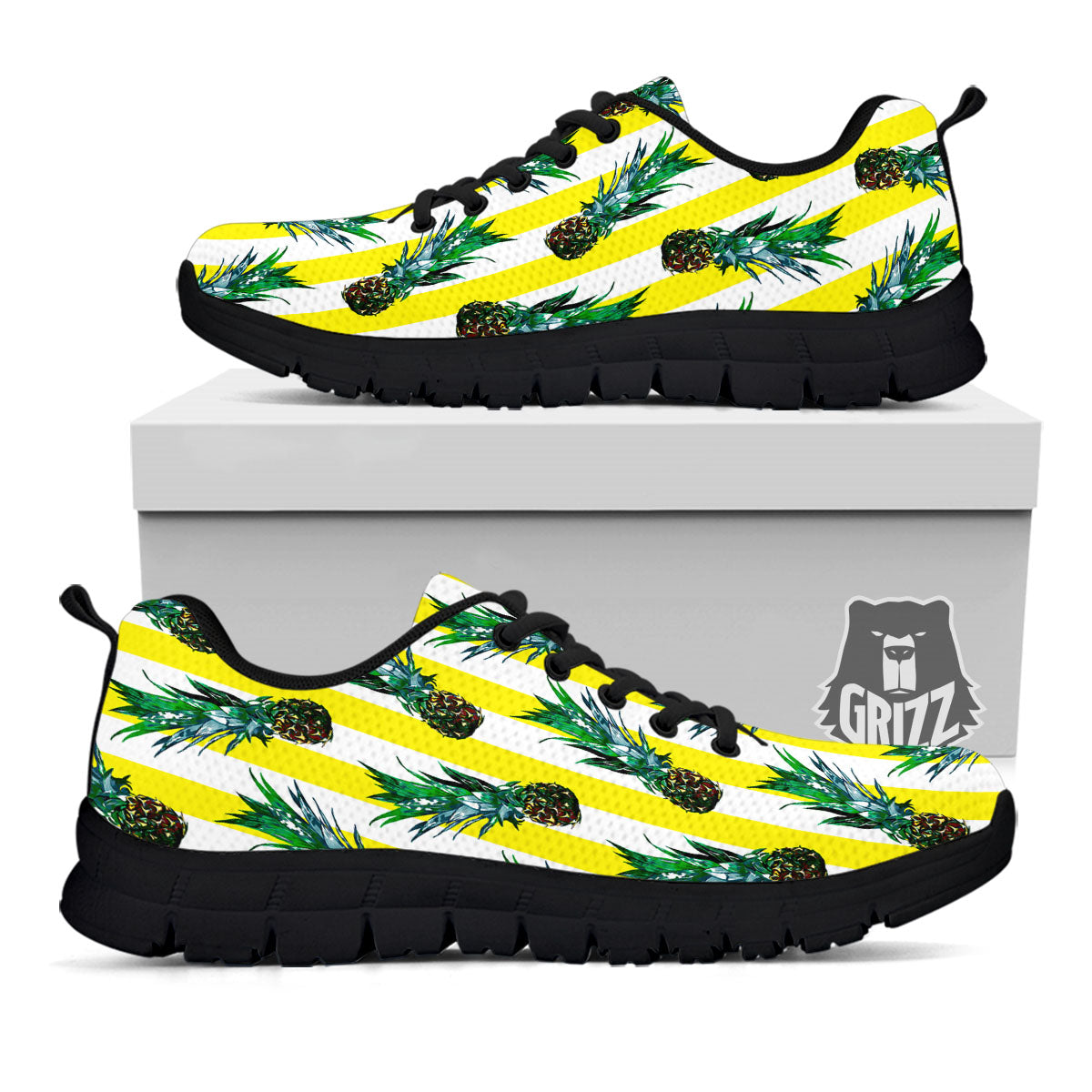 Pineapple Striped Yellow Print Pattern Black Sneaker-grizzshop