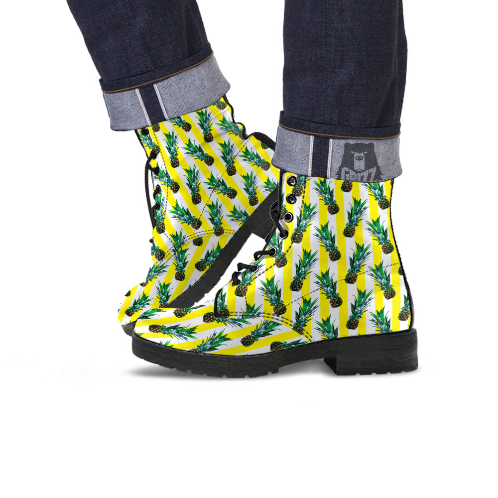 Pineapple Striped Yellow Print Pattern Leather Boots-grizzshop