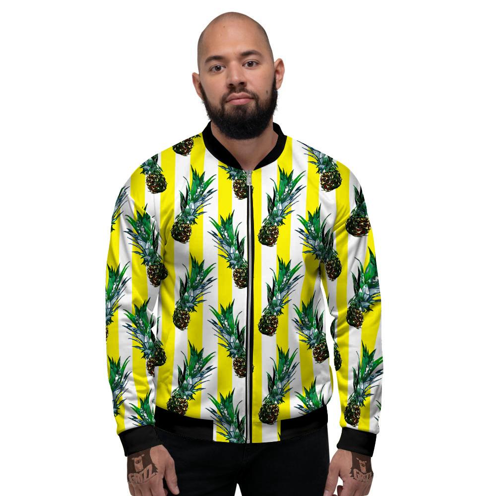 Pineapple Striped Yellow Print Pattern Men's Bomber Jacket-grizzshop