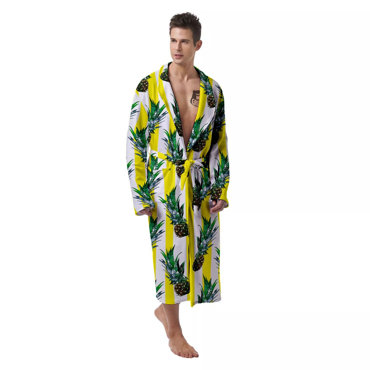 Pineapple Striped Yellow Print Pattern Men's Robe-grizzshop