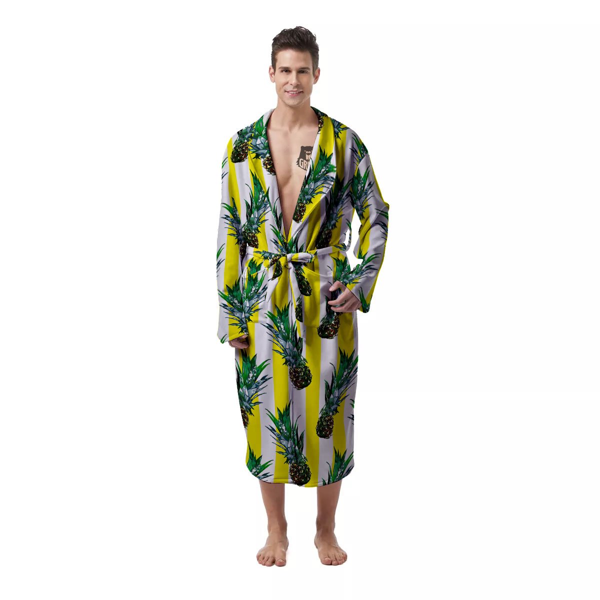 Pineapple Striped Yellow Print Pattern Men's Robe-grizzshop